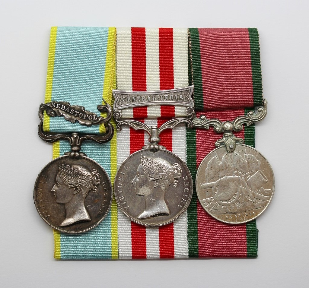 1854 Crimea Medal (Clasp - Sebastopol), Indian Mutiny Medal (Clasp - Central India) & Turkish Crimea Medal - Jas Butler, 72nd Highlanders