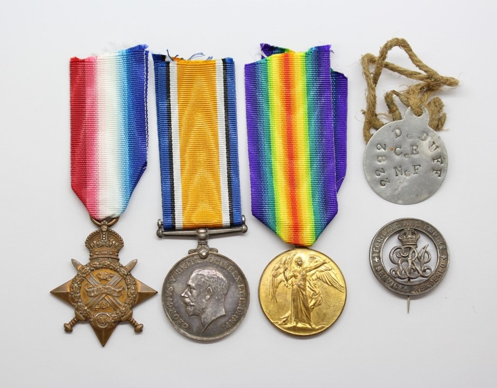 WW1 1914 Mons Star Medal Trio, Silver War Badge & Identity Tag - Pte. D. Duff, Northumberland Fusiliers