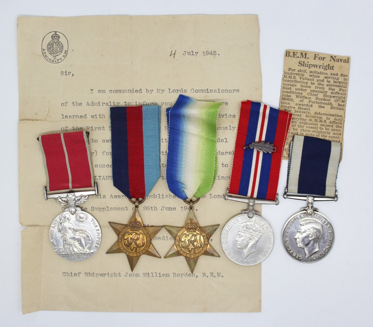 WW2 B.E.M., Mentioned In Despatches & Long Service Medal Group - Chief Shipwright J.W. Boyden, Royal Navy H.M.S. Valiant