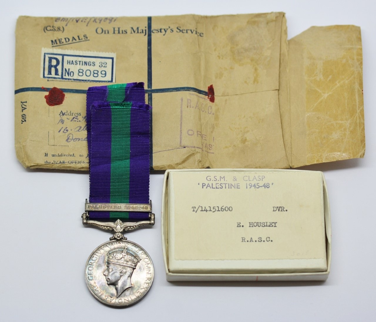 General Service Medal (Clasp - Palestine 1945-48) - Dvr. E. Housley, Royal Army Service Corps
