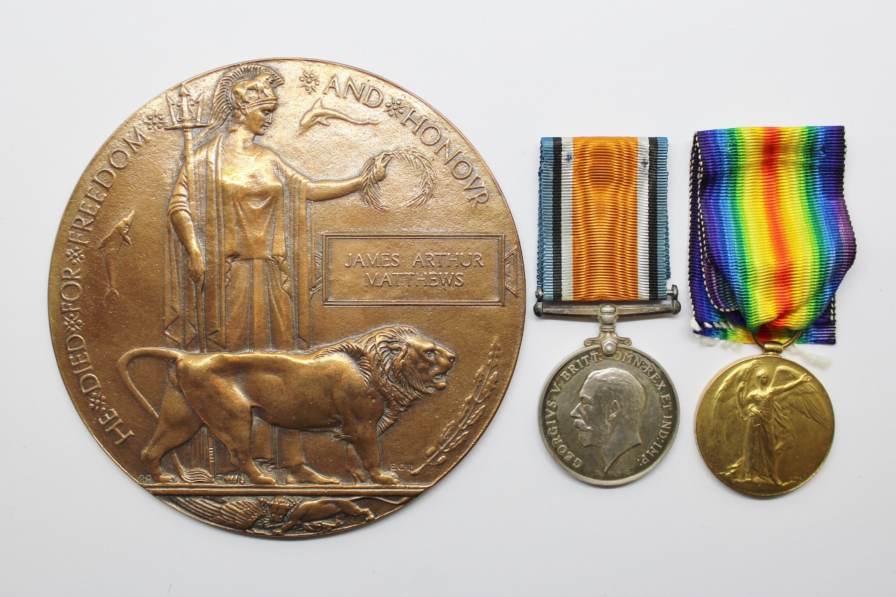 WW1 British War Medal, Victory Medal & Memorial Plaque - Pte. J.A. Matthews, 1st/6th bn. Gloucestershire Regiment - Died of Wounds