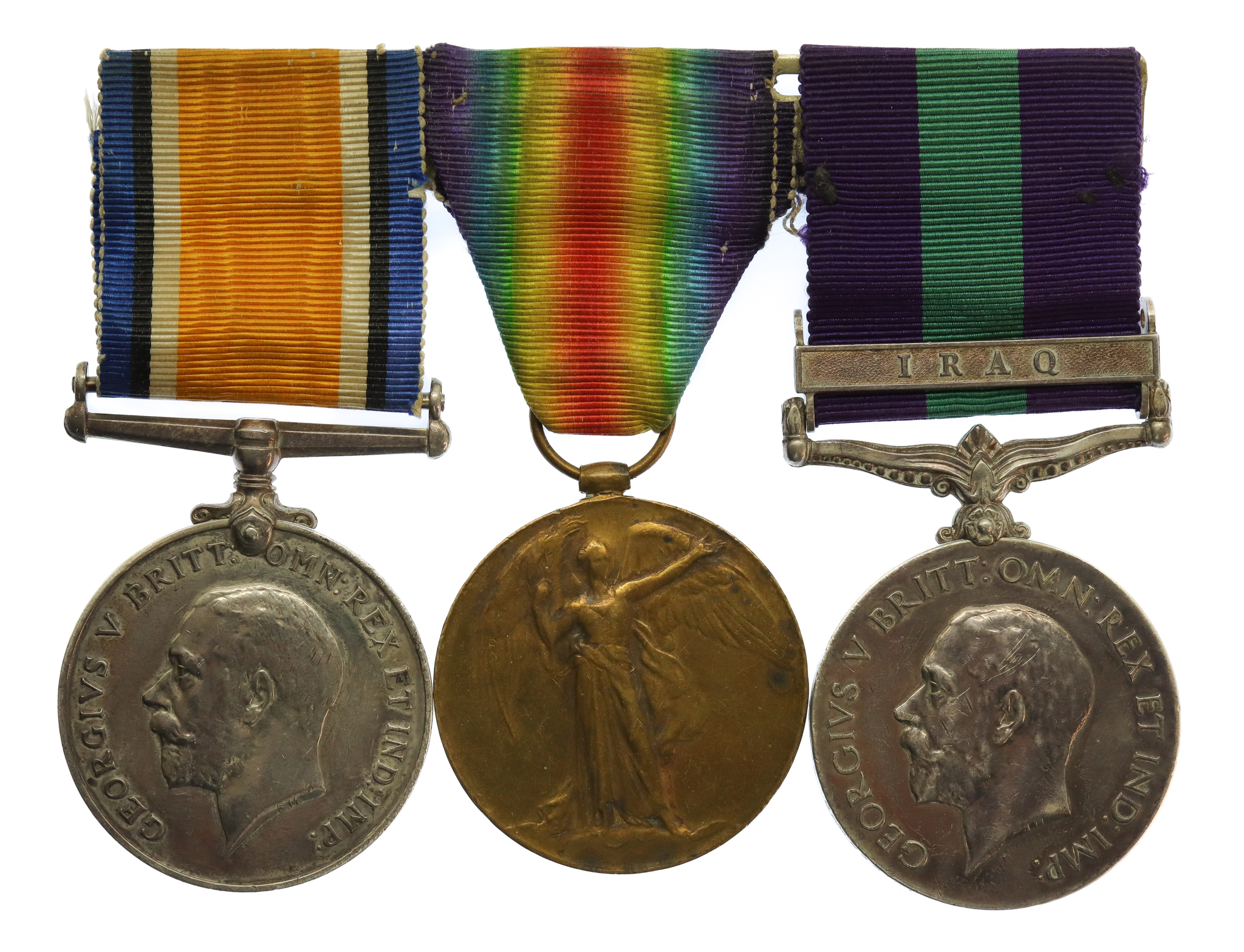 WW1 British War Medal, Victory Medal and General Service Medal (Clasp - Iraq) Group of Three - Gnr. D. Paterson, Royal Artillery