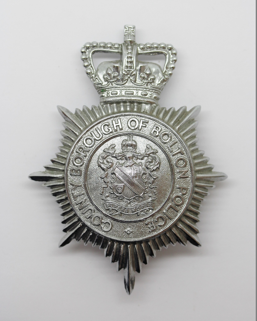 PB-3229 County Borough of Bolton Police Helmet Plate - Queen's Crown