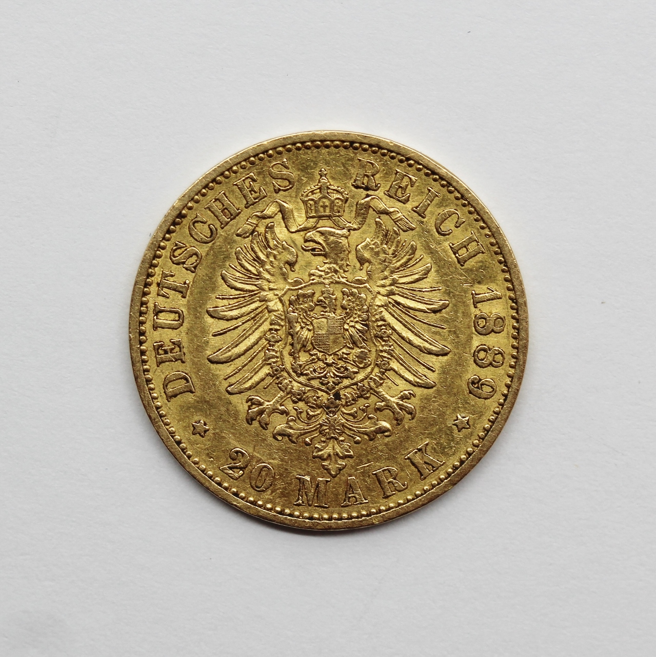 1889 A German Prussian Wilhelm II .900 Gold 20 Mark Coin
