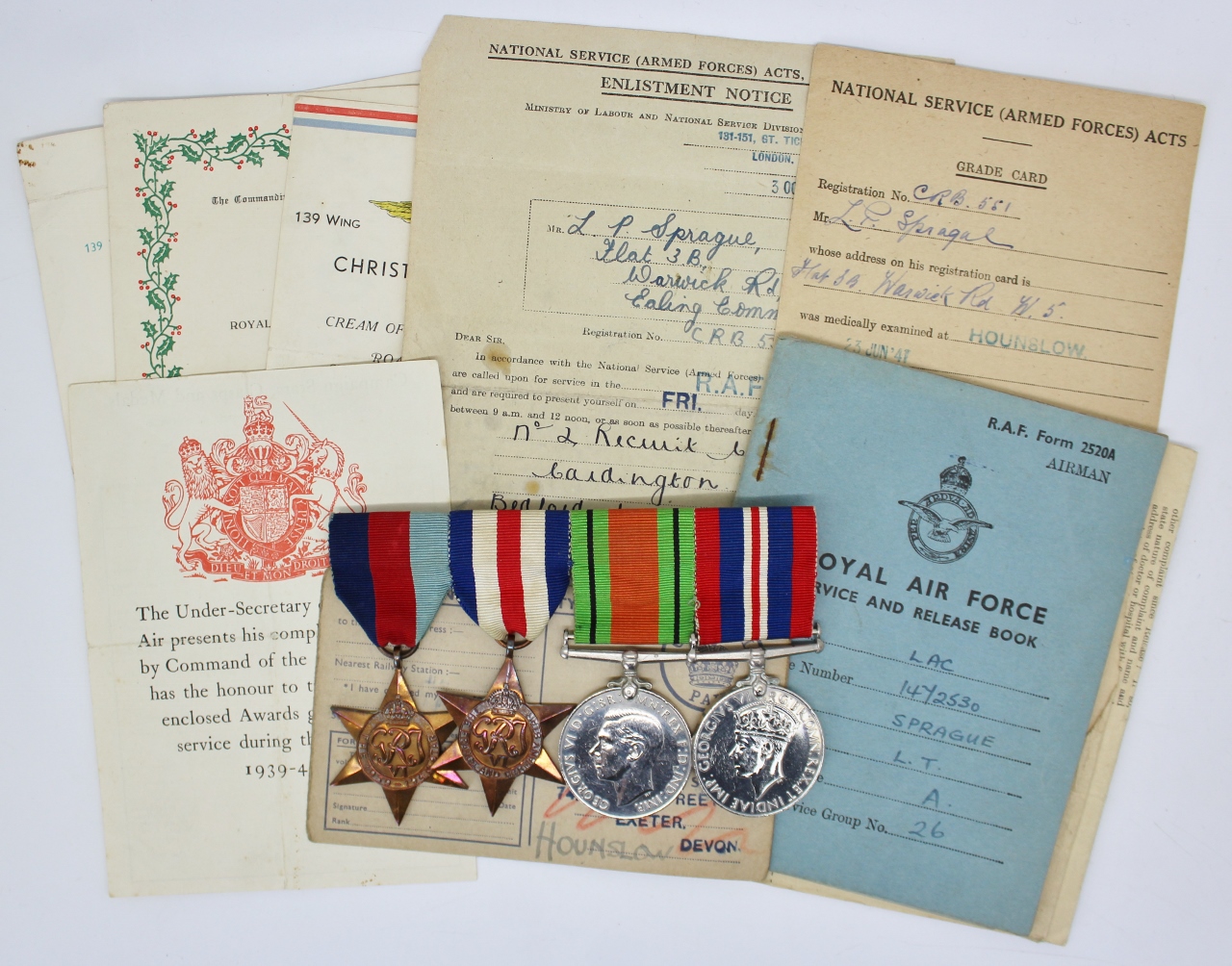 WW2 Medal Group of Four with Original Documents - LAC. L.T. Sprague, Royal Air Force Volunteer Reserve