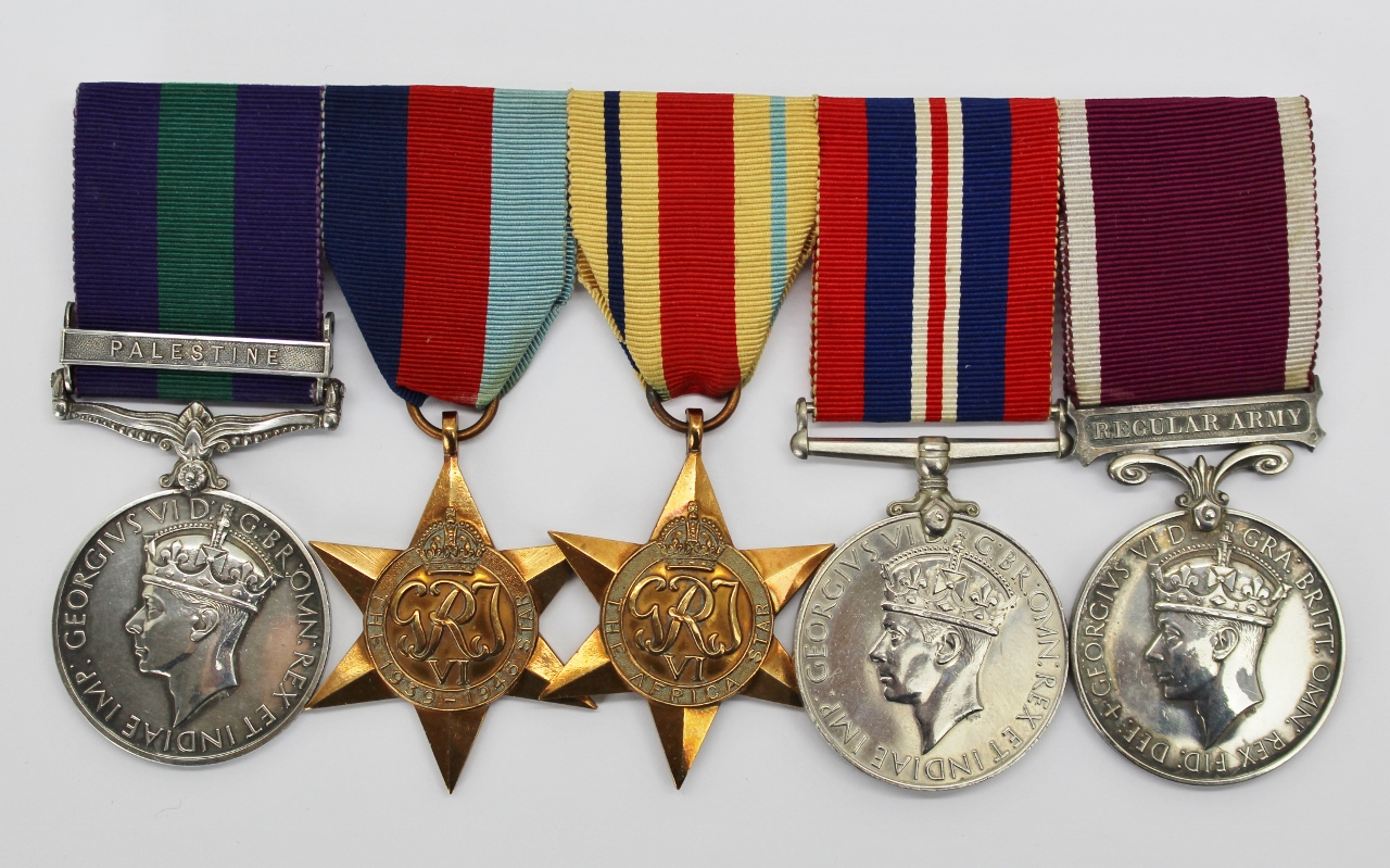 General Service Medal (Clasp - Palestine), WW2 and LS&GC Medal Group of Five - Cpl. A. Bullous, Royal Sussex Regiment & R.E.M.E.