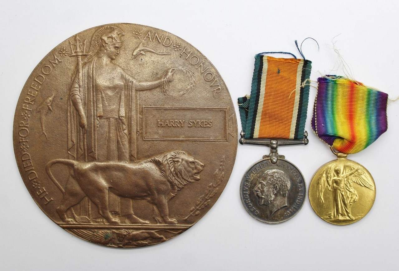 WW1 British War Medal, Victory Medal & Memorial Plaque - Pte. H. Sykes, 8th Bn. North Staffordshire Regiment - K.I.A. 