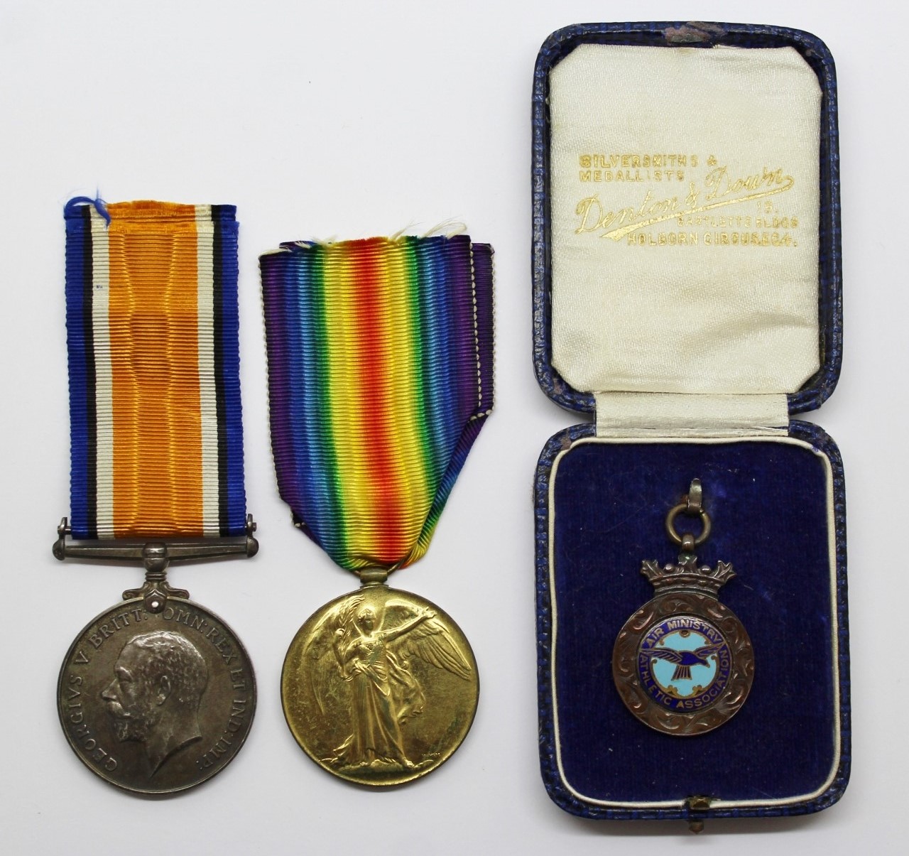 WW1 British War & Victory Medal Pair with Air Ministry Athletic Association Medallion - 2nd Lieut. E.L.M. Emtage, Royal Flying Corps
