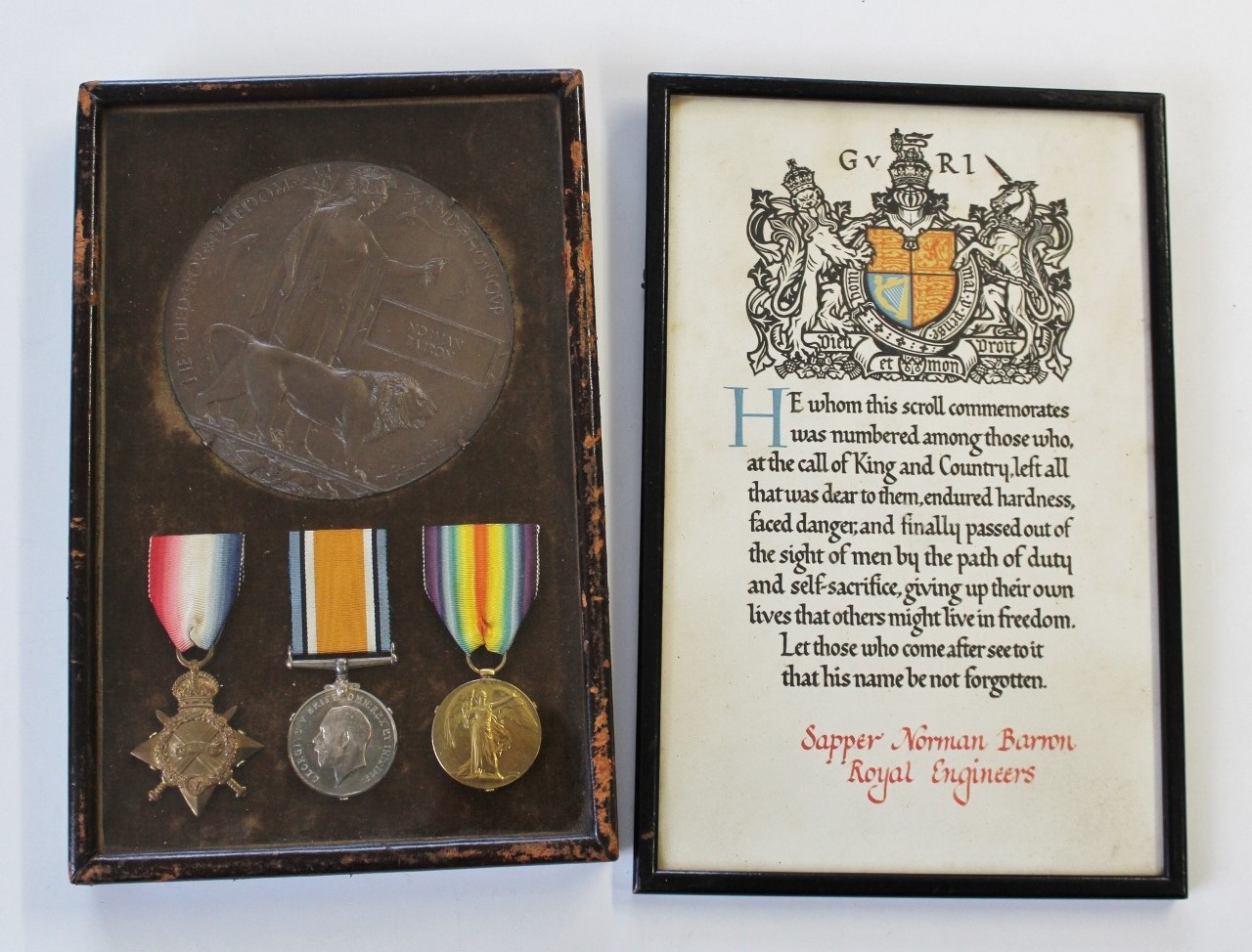 WW1 1914-15 Star Medal Trio, Memorial Plaque & Scroll - Spr. N. Barron, 88th Field Coy. Royal Engineers - Died (Gallipoli)