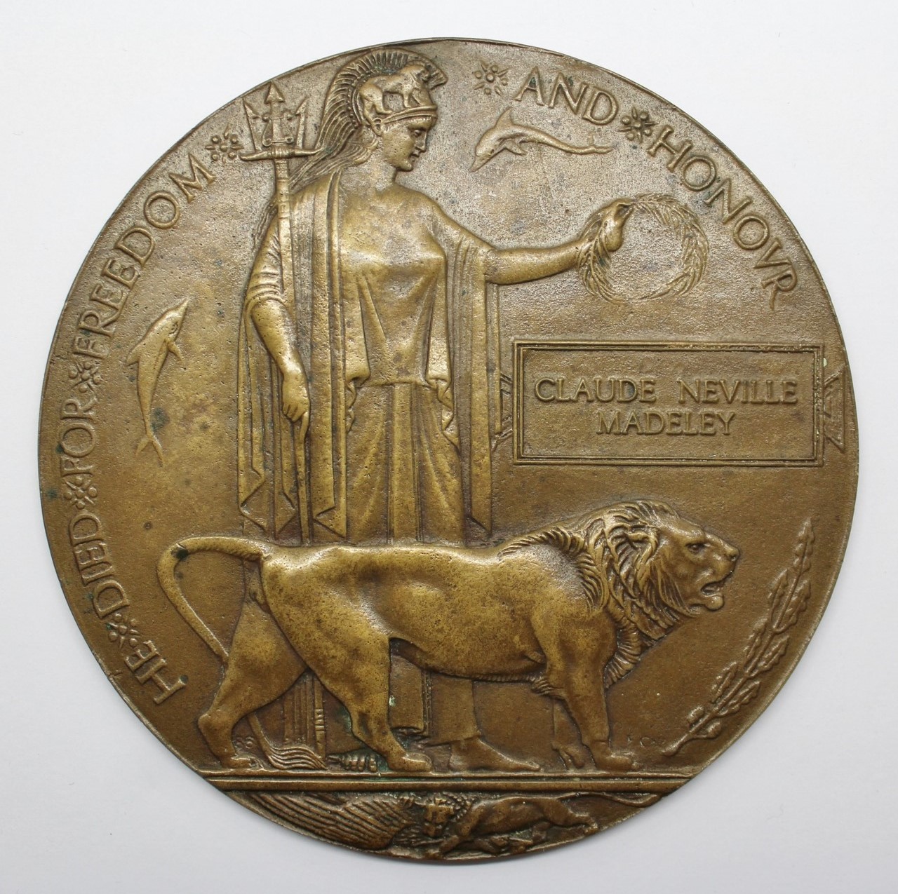 WW1 Memorial Plaque (Death Penny) - 2nd Lieutenant Claude Neville Madeley, Royal Flying Corps - K.I.A.