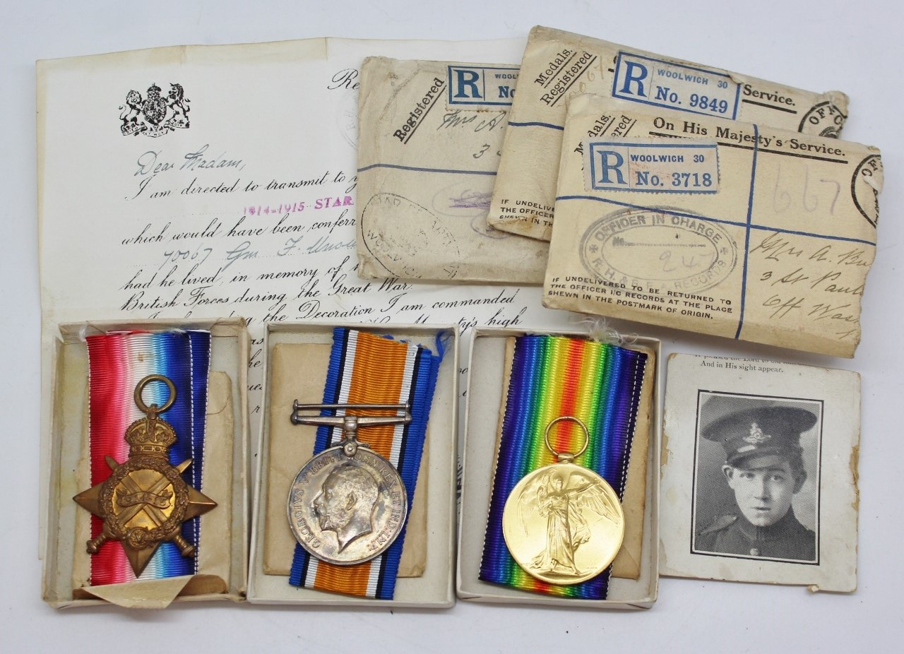 WW1 First Day of the Somme Casualty 1914-15 Star Medal Trio - Gnr. F. Unsworth, Royal Artillery - K.I.A.