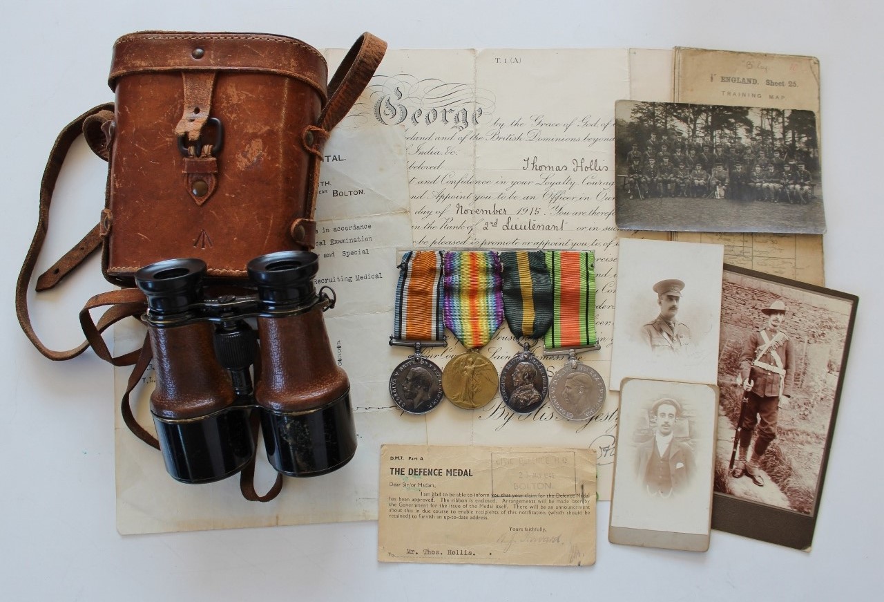 WW1 British War Medal, Victory Medal, Territorial Force Efficiency Medal & WW2 Defence Medal Group with Original Documents, Photographs & Private Purchase Binoculars - Capt. T. Hollis, 2/5th Bn. Loyal North Lancashire Regiment