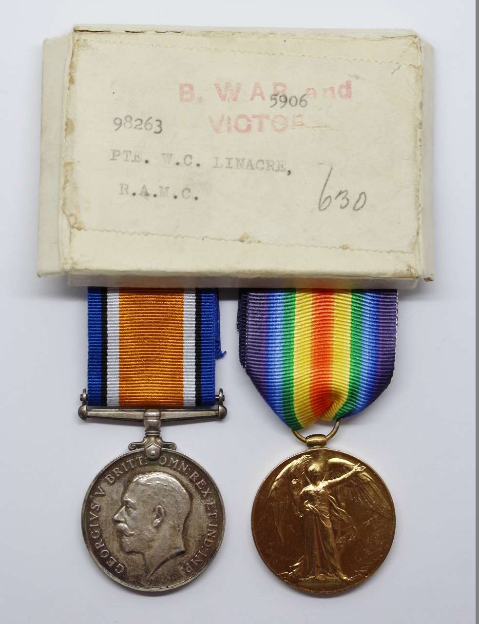 WW1 British War & Victory Medal Pair - Pte. W.C. Linacre, Royal Army Medical Corps