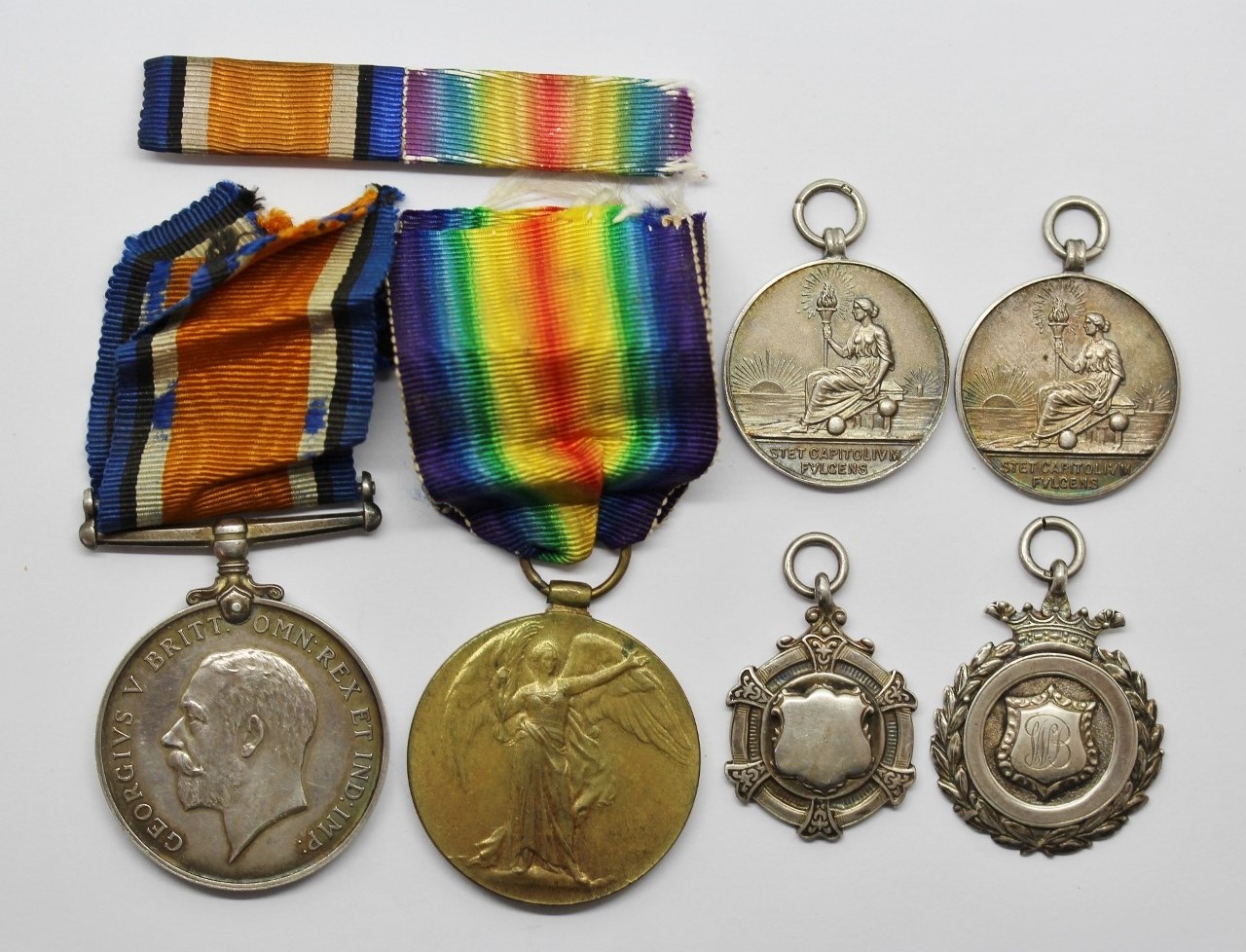 WW1 British War & Victory Medal Pair with 4 Hallmarked Silver Sporting Medallions - Pte. W.W. Blythe, Royal Army Medical Corps