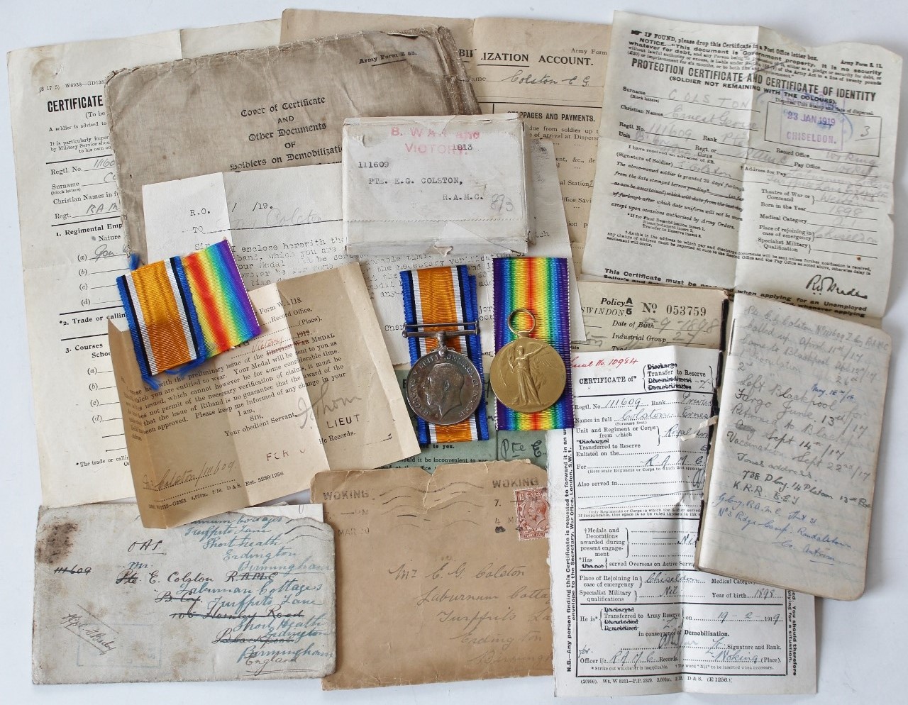 WW1 British War & Victory Medal Pair with Original Documents & Box of Issue - Pte. E.G. Colston, Royal Army Medical Corps