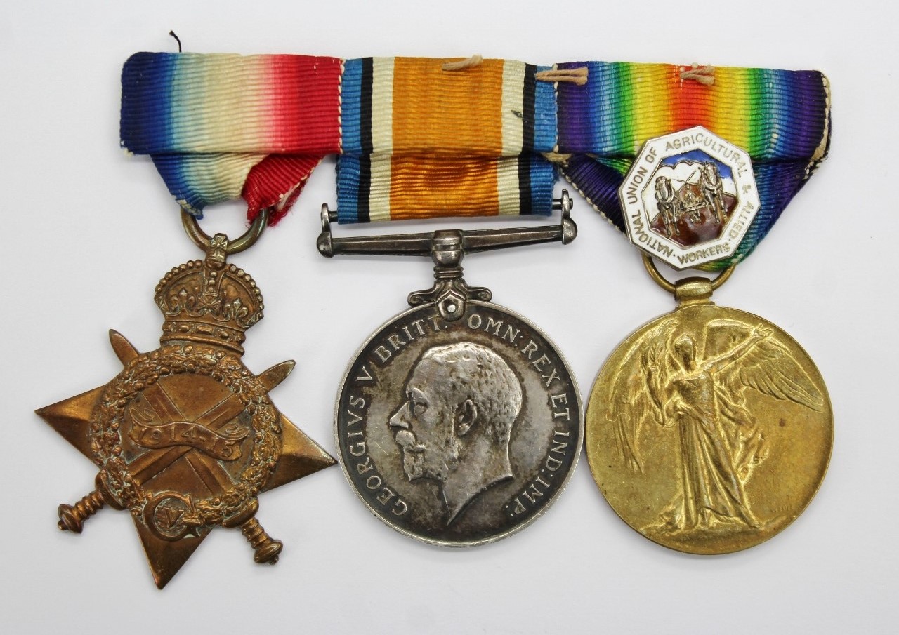 WW1 1914-15 Star Medal Trio and National Union of Agriculture Silver Badge - Pte. J. Wilkins, Royal Army Medical Corps