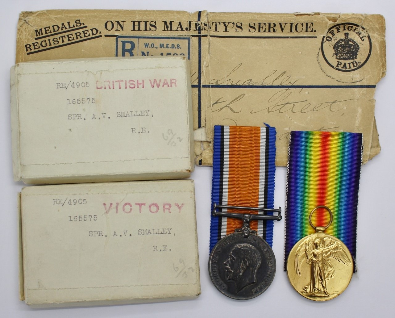 WW1 British War & Victory Medal Pair with Boxes of Issue and Identity Disc - Spr. A.V. Smalley, Royal Engineers