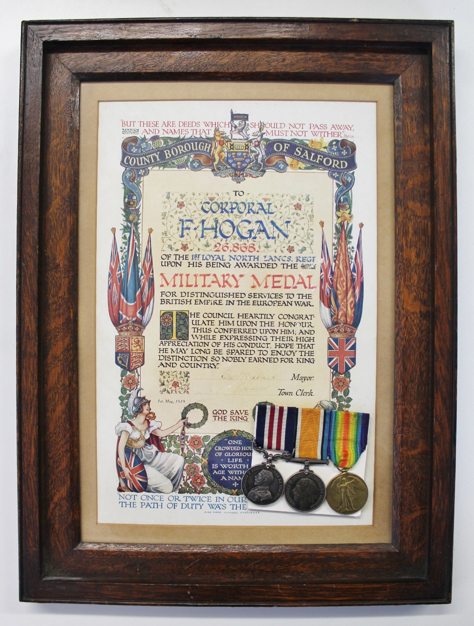 WW1 Military Medal, British War & Victory Medal Group with MM Certificate from Borough of Salford - Cpl. F. Hogan, Loyal North Lancashire Regiment & Cheshire Regiment