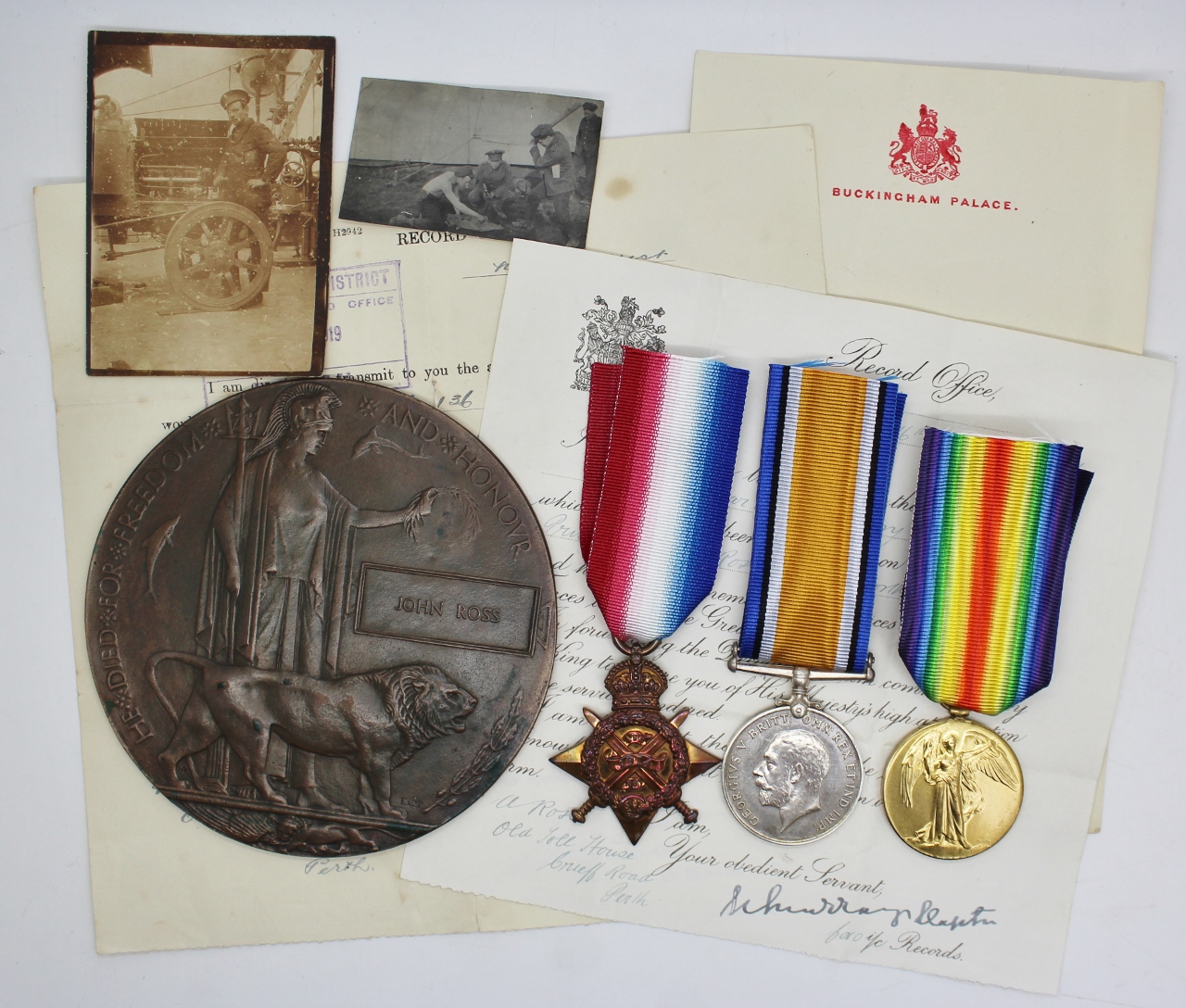 WW1 1914 Mons Star Medal Trio and Memorial Plaque (Death Penny) - Pte. J. Ross, 1st Bn. Seaforth Highlanders - K.I.A. (Siege of Kut)