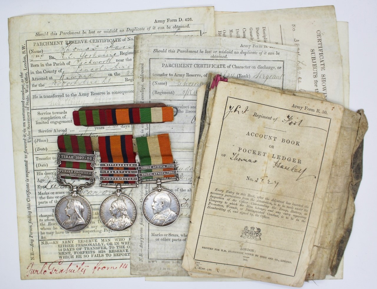 1895 IGS (3 Clasps), QSA (3 Clasps) & KSA (2 Clasps) Medal Group of Three with Original Documents - Serjt. T. Harsley, 2nd Bn. King's Own Yorkshire Light Infantry