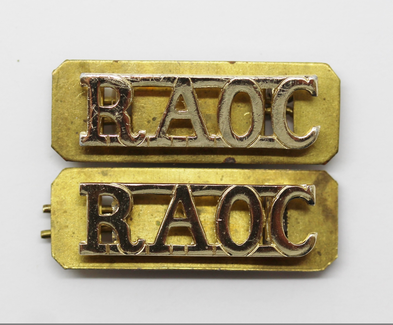 Pair of Royal Army Ordnance Corps (R.A.O.C.) Anodised (Staybrite) Shoulder Titles