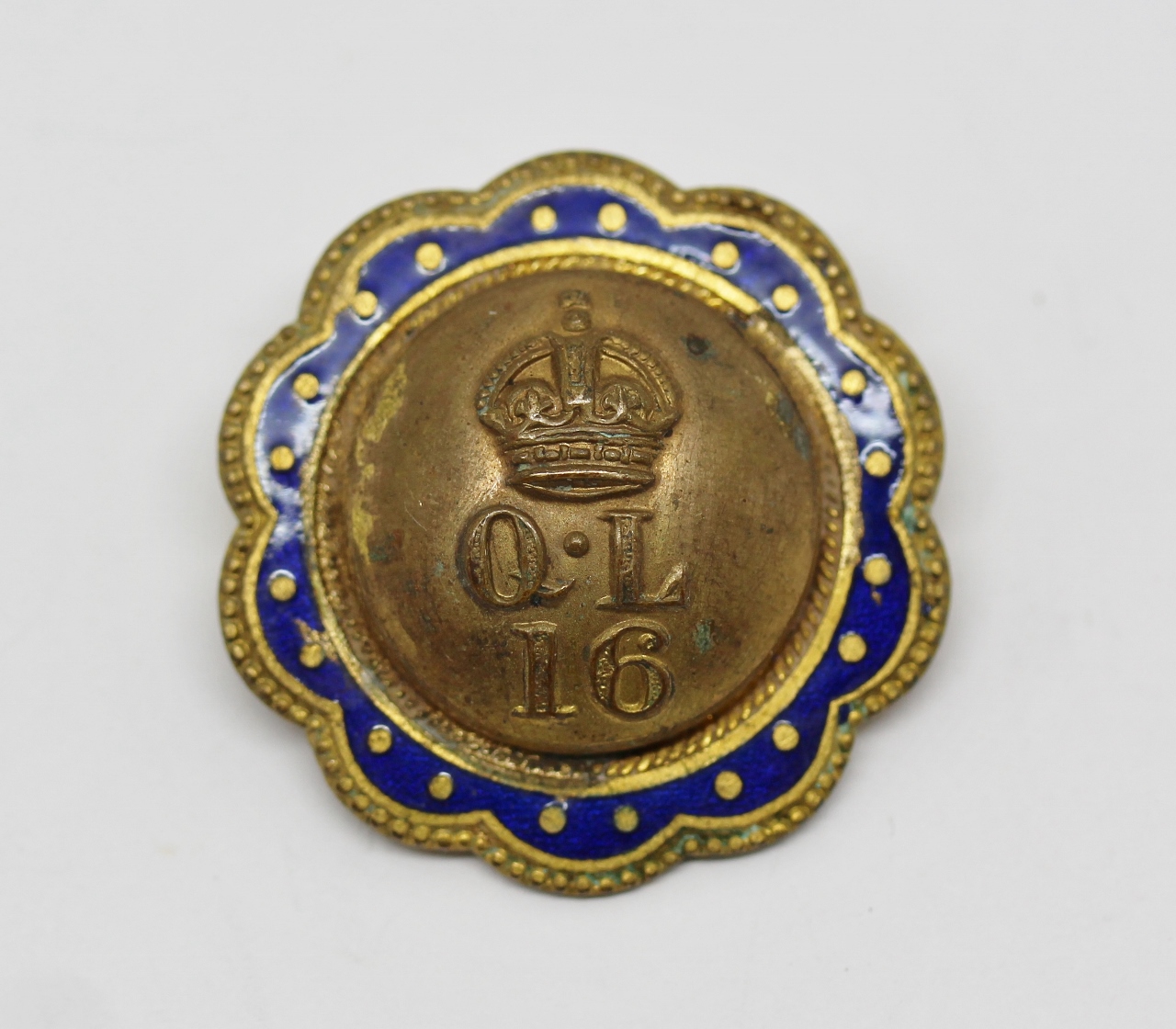 16th Queen's Lancers Button Sweetheart Brooch - King's Crown