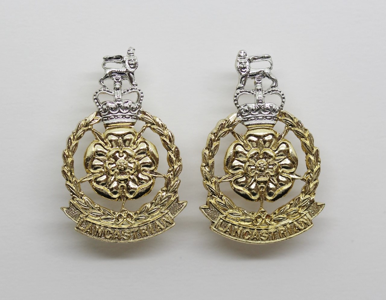 Pair of Lancastrian Brigade Anodised (Staybrite) Collar Badges