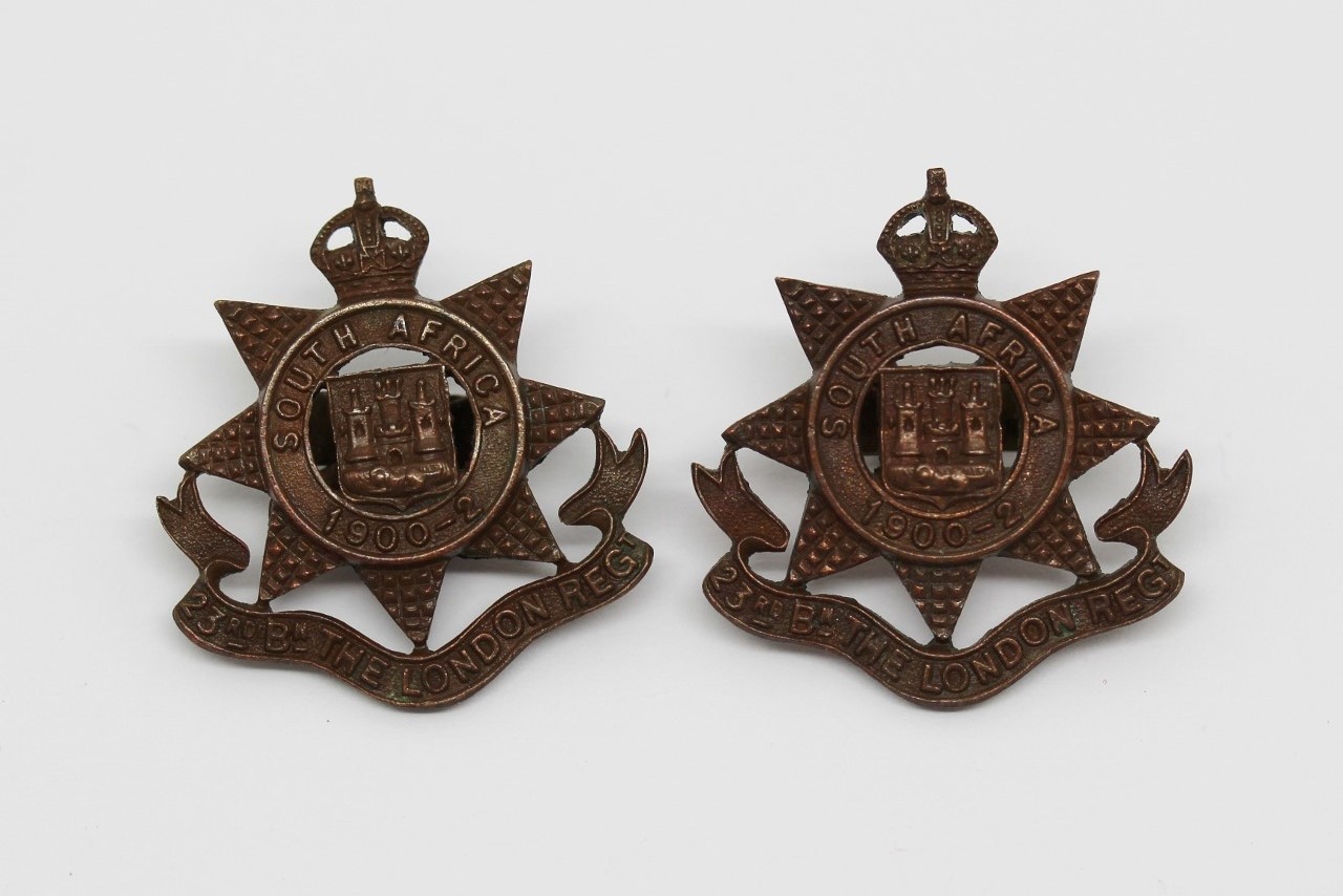 Pair of 23rd Bn. London Regiment Officer's Service Dress Collar Badges - King's Crown