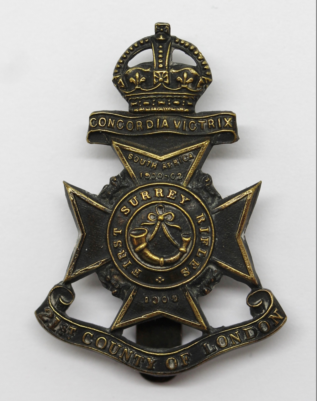 21st County of London Bn. (First Surrey Rifles) London Regiment Cap Badge - King's Crown