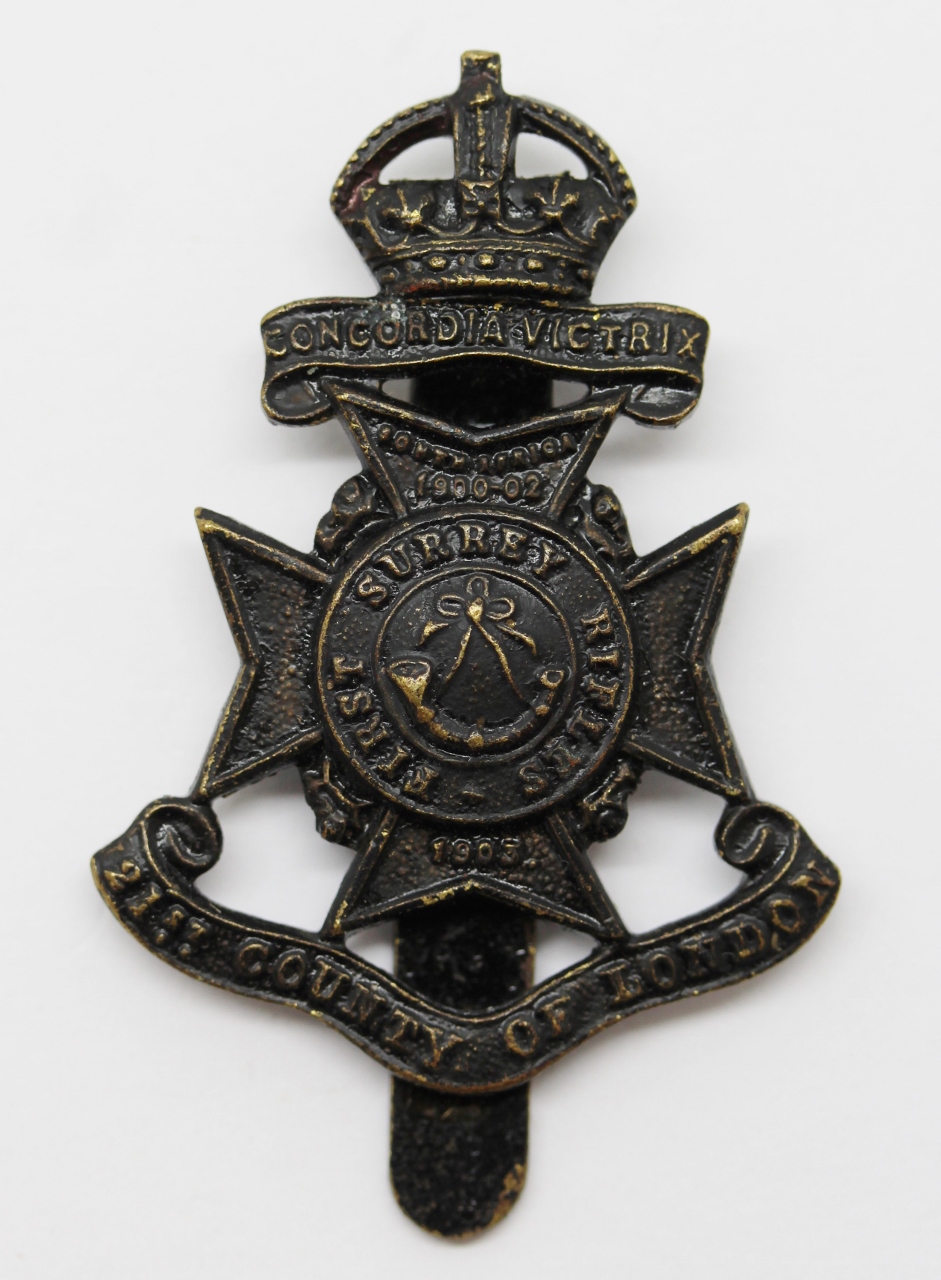 21st County of London Bn. (First Surrey Rifles) London Regiment Cap Badge - King's Crown