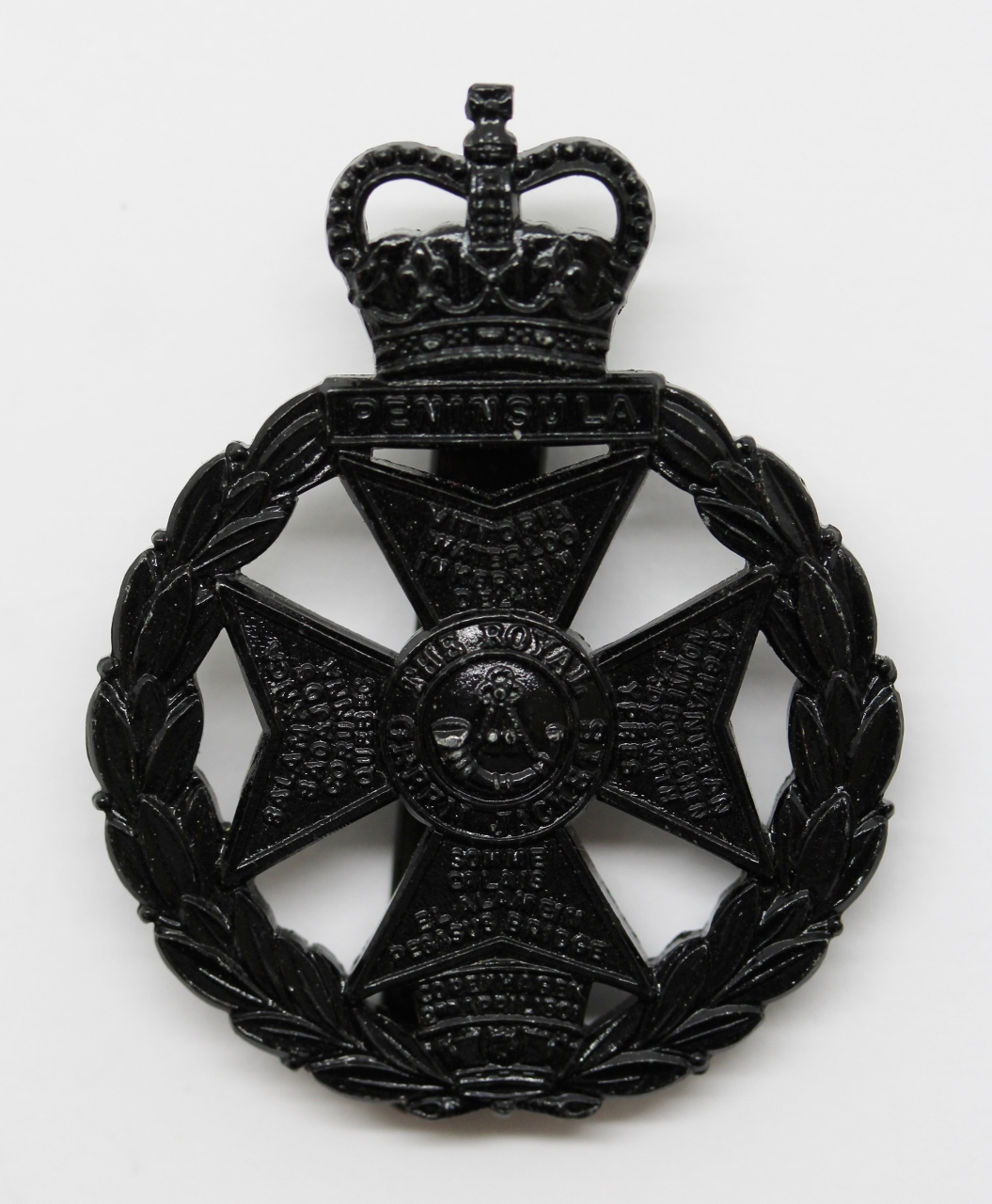 Royal Green Jackets Blackened Anodised (Staybrite) Cap Badge - Queen's Crown