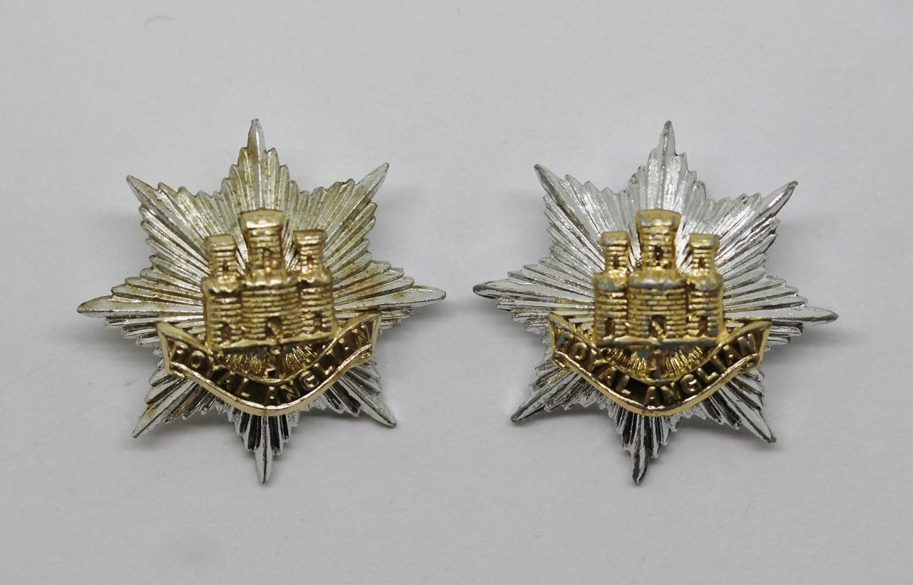 Pair of Royal Anglian Regiment Anodised (Staybrite) Collar Badges