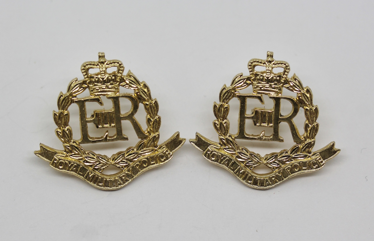 Pair of Royal Military Police (R.M.P.) Anodised (Staybrite) Collar Badges