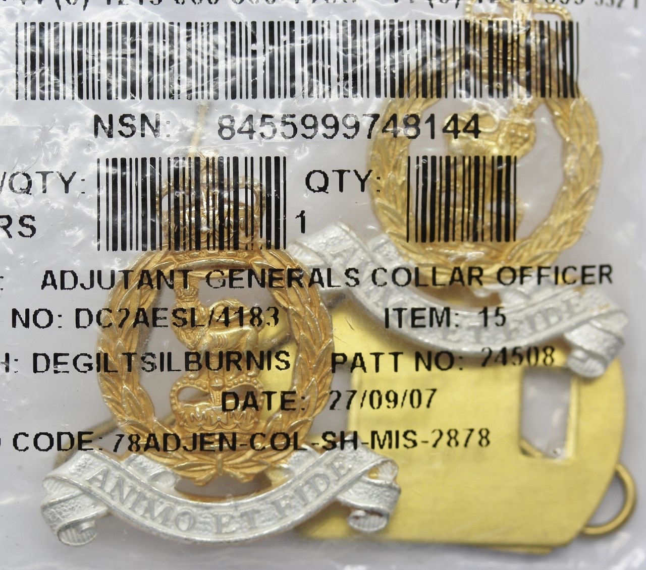 Pair of Adjutant General Corps Officer's Collar Badges in Sealed Firmin & Sons Packaging