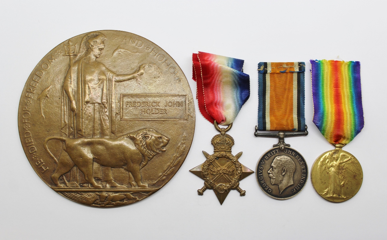 WW1 1914-15 Star, British War Medal, Victory Medal & Memorial Plaque - Pte. F.. Holder, 15th (Carmarthanshire Pals) Bn. Welsh Regiment & 11th Bn. Cheshire Regiment - Died as a P.O.W.