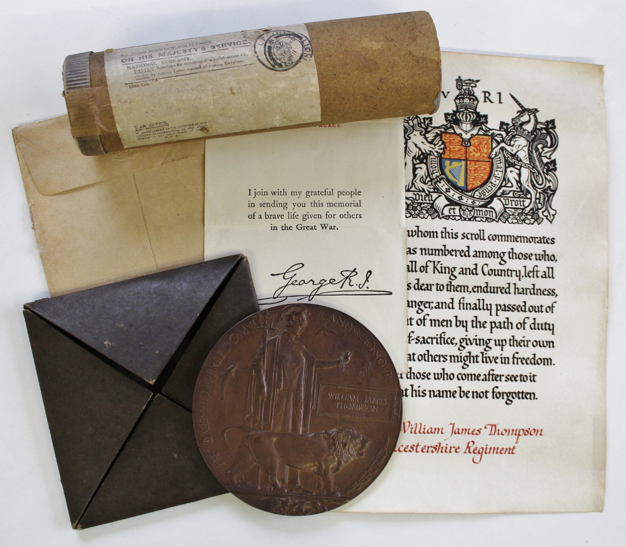 WW1 Memorial Plaque (Death Penny) & Scroll - Pte. W.J. Thompson, 11th Bn. Leicestershire Regiment