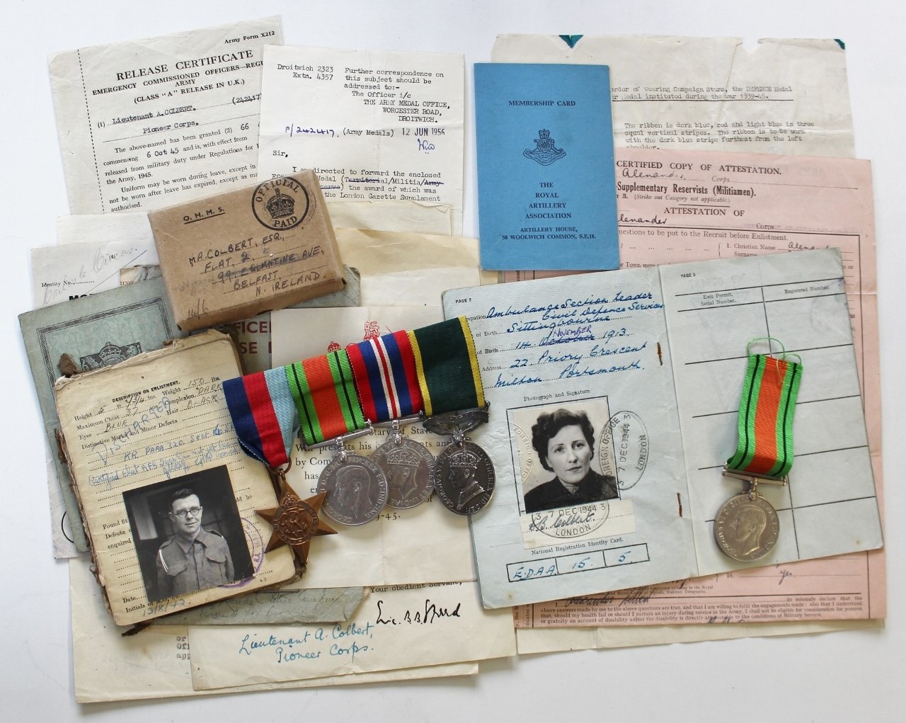 WW2 and Territorial Efficiency Medal (Militia) Medal Group - L.T. A. Colbert, Royal Artillery & Royal Pioneer Corps plus WW2 Defence Medal - Mrs D.B. Colbert, Ambulance Section Leader (Husband & Wife)