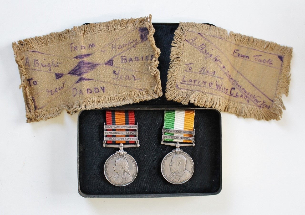 Queen's South Africa Medal (Clasps - Cape Colony, Orange Free State, Transvaal) and King's South Africa Medal (Clasps - South Africa 1901, South Africa 1902) with Boer War Gift Tin - Sgt. J. Williams, 4th Bty. Royal Field Artillery