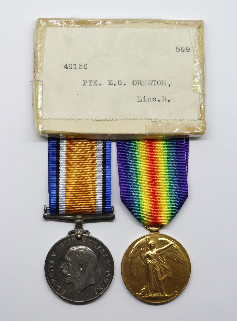 WW1 British War & Victory Medal Pair - Pte. E.G. Ormston, Lincolnshire Regiment