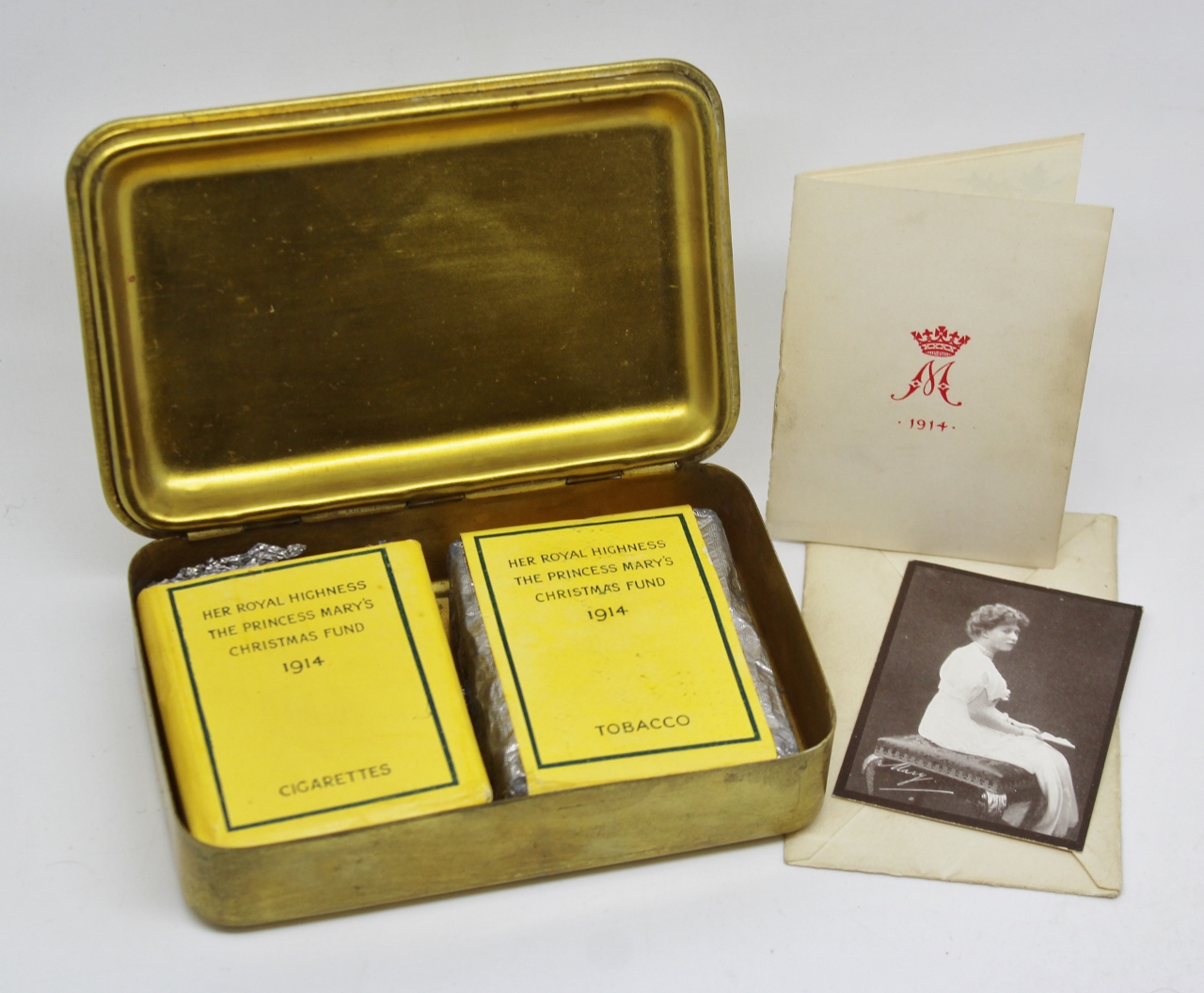 WW1 1914 Princess Mary Christmas Gift Tin with Contents - Cigarettes, Tobacco, Christmas Card & Photo