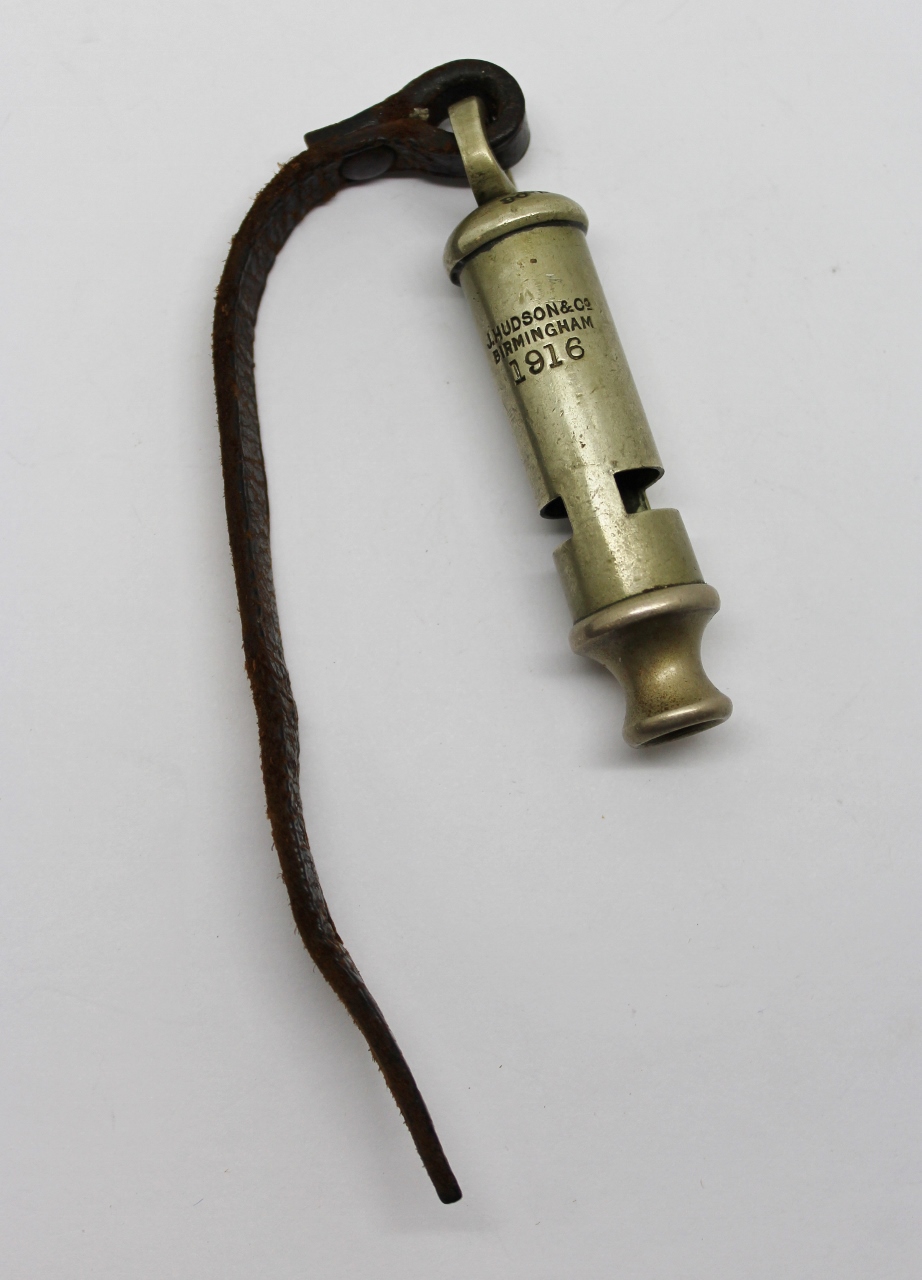 WW1 1916 Dated British Army Officer's Trench Whistle with Strap - J. Hudson & Co.