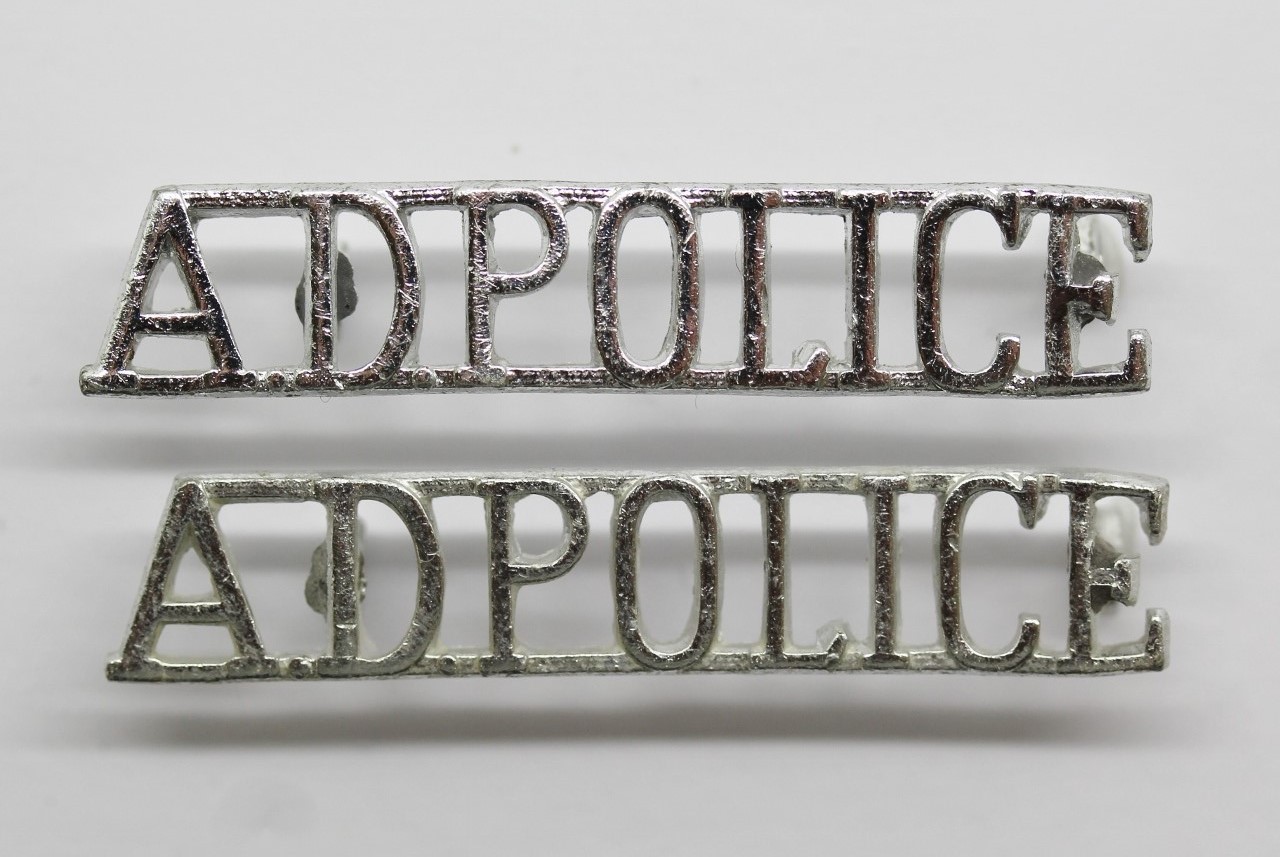 Pair of Army Depot Police (A.D.POLICE) Anodised (Staybrite) Shoulder Titles